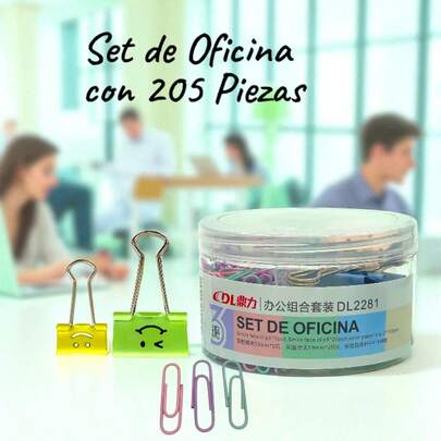 Set de Oficina con 205 Piezas, Contiene: Clip de 32mm * 5 pzas | Clip de 19 mm * 20 pzas | Clips para papel * 180 pzas