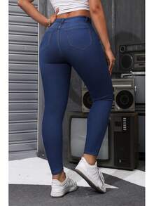 Jeans skinny mezclilla pantalones vaqueros dama mujer cintura alta cinco bolsillos ajuste ceñido costuras contraste elástica diario casual cómodos denim - Azul lavado oscuro - Ver 3