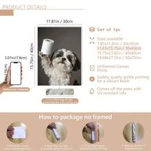 1 pièce Impression sur canevas d'un Shih Tzu avec du papier toilette, œuvre murale sans cadre, décoration pour la maison et le bureau, parfaitement adaptée à la décoration de la maison, de la chambre, du salon, de la salle de bain, décoration murale, avec ou sans cadre en option