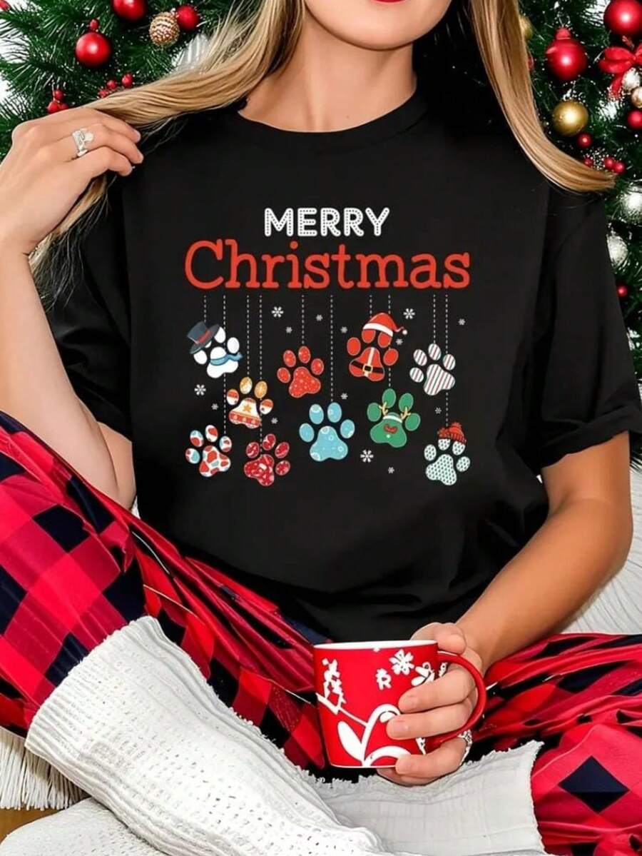 Camisa feminina estampada fofa Confortável Modelo: Pets Merry Christmas Natal 100% algodão conforto - Preto - Visão 1