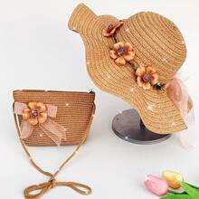 2pcs/Set Ladies' Floral Headband Decorated Khaki Woven Sun Hat And Woven Bag Combination, Fashionable And Fresh Style, Suitable For Outdoor Travel, Beach, With Sun Protection And Uv Protection, Convenient To Carry, The Hat Can Be Folded Boho Valentine's Day Valentines Valentines Gift - Khaki - View 10