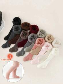 1/3 Pairs Toddler/Girls/Infant Thermal Lined Leggings, Solid Color Vertical Stripe, Warm & Comfortable, Suitable For Autumn/Winter Daily Wear And Holidays, Random Color And Style - Multicolor - View 1