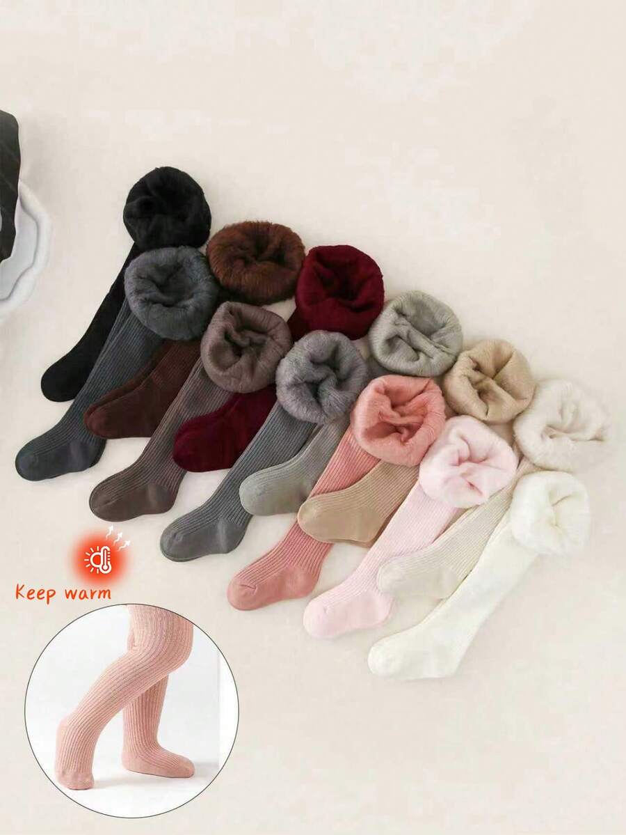 1/3 Pairs Toddler/Girls/Infant Thermal Lined Leggings, Solid Color Vertical Stripe, Warm & Comfortable, Suitable For Autumn/Winter Daily Wear And Holidays, Random Color And Style - Multicolor - View 1