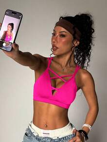 Women's Black Wireless Criss-Cross Knit Sports Bra - Hot Pink - View 5