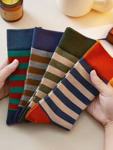 4 Pairs Of Women's Socks, Vintage Striped Mid-Calf Socks, Autumn/Winter Long Socks, Stylish Color Combinations With Exquisite Craftsmanship, Perfect For Everyday Wear.