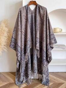 1 pieza Chal multifuncional de poliéster vintage con estampado de cachemira falsa de otoño/invierno, poncho cálido con flecos