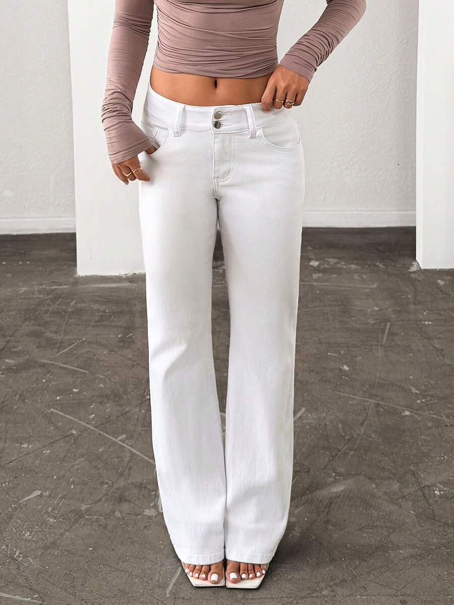 白色低腰喇叭牛仔裤，纯色简约修身喇叭裤腿弹力牛仔裤，百搭休闲春季单品 - 白色 - 查看 1
