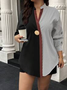 Plus Size Summer Colorblock Striped Metal Button V-Neck Casual Elegant Blouse For Women, Suitable For Daily, Outing, Commuting - Multicolor - View 2
