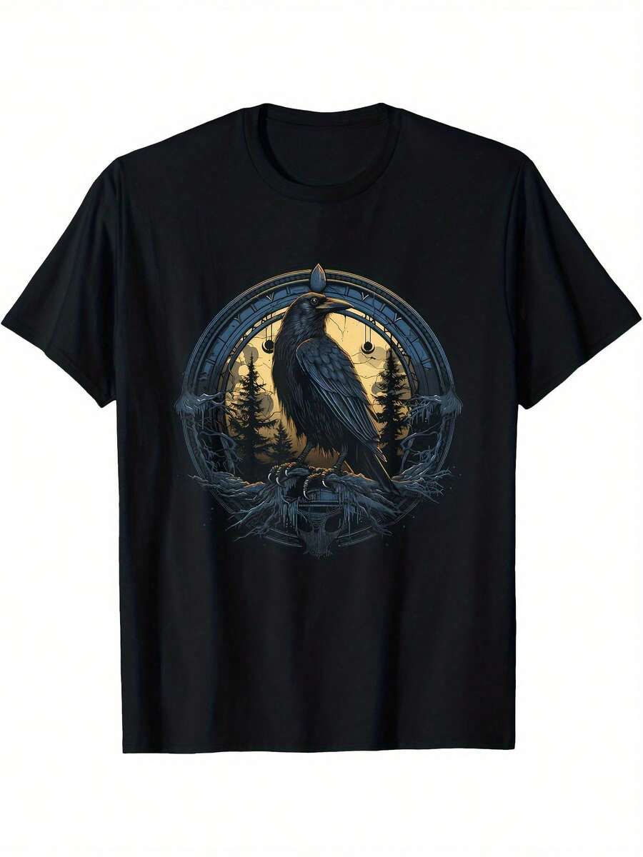 Herren T-Shirt Mit Nordischer Mythologie Rabe & Odin Wikinger-Raben Design - Schwarz, Goldener Raben  Runenschriftzug. Casual Round Neck Shirts Für Freizeitlooks, Frühling Sommer Herbst Outdoor Reisen. Waschmaschinengeeignete Viking-Bekleidung In Bequemer Regular Fitschnitt - Czarne - Zobacz 1