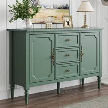 Storage Cabinet With 2 Doors & 3 Drawers, Mid-Century Sideboard Cabinet With Adjustable Shelves, Wood Buffet Cabinet With Turned Legs, Ideal For Entryway, Living Room, Dining Room, Green - 綠色 - 查看 1