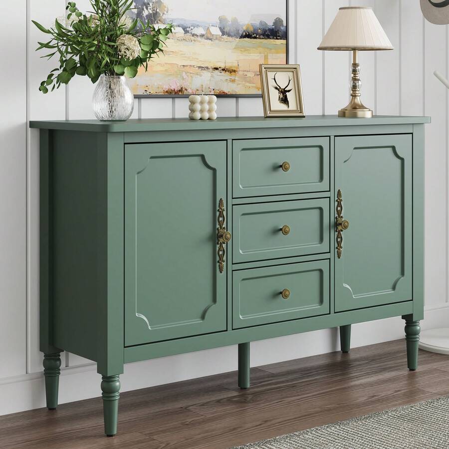 Storage Cabinet With 2 Doors & 3 Drawers, Mid-Century Sideboard Cabinet With Adjustable Shelves, Wood Buffet Cabinet With Turned Legs, Ideal For Entryway, Living Room, Dining Room, Green - 綠色 - 查看 1