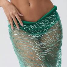 Women Mermaid Outfit, Halterneck Pearled Bra With Sequined Sheer Skirt Halloween Costume 2-Piece Outfit - 藍色 - 查看 5