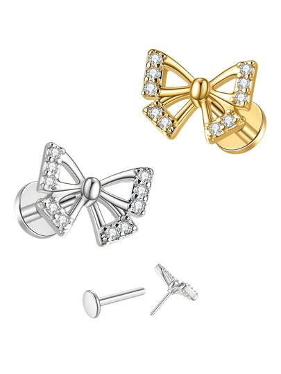 1 Par de Brincos de Cartilagem com Laço Fofo, Brincos de Zircônia, Jóias de Piercing Corporal com Base Plana Sensível à Pressão, Presente para Encontro, Festa, Uso Diário