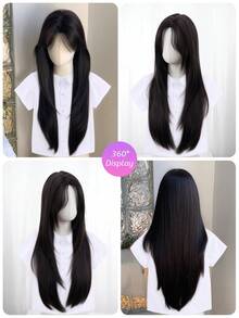 SHUDUO 1 件合成耐热直发假发，黑棕色，中分，纤维制成，适合日常使用，自然逼真（不含配件） - Dark Brown - 查看 6