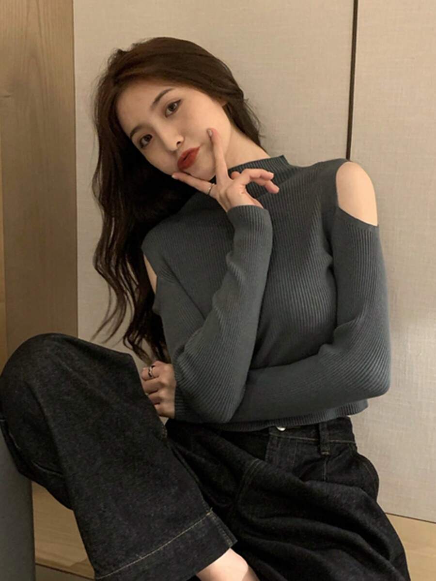 女款純色圓領修身針織露肩長袖修身套頭毛衣 百搭款 - 深灰色 - 查看 1