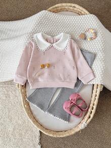 2pcs/Set Baby Girl Floral Embroidery Peter Pan Collar Long Sleeve Sweatshirt And Ruffle Hem Pants Set, Spring/Autumn - Pink - View 2