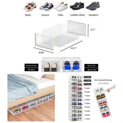 12 Pack Shoe Organizer Storage Bins, Plastic Stackable Shoe Boxes Closet, Space Saving Foldable Shoe Storage Bins, Sneaker Storage Shoe Box Container, White Frame, SSB12CWN