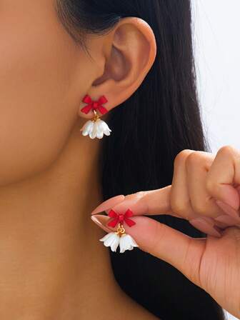 2pcs Fashionable & Cute Christmas Red Bow Tulip Flower Earrings, Suitable For Women Daily Wear And Holiday Gift