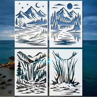 Waterfall & Mountain Scene Stencil Kit – 4PCS Large Reusable Templates For Wall Mural, Sign Making, And HDecorécor