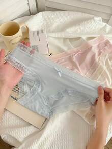 14 Pieces Of Women's Lace Thin Comfortable Cute Underwear - Soft Blended Lace Edge Bow Design, Breathable Solid Color Underwear, Exquisite Bow Decoration, Delicate And Smooth Fabric. - 混合色14件裝 - 查看 4