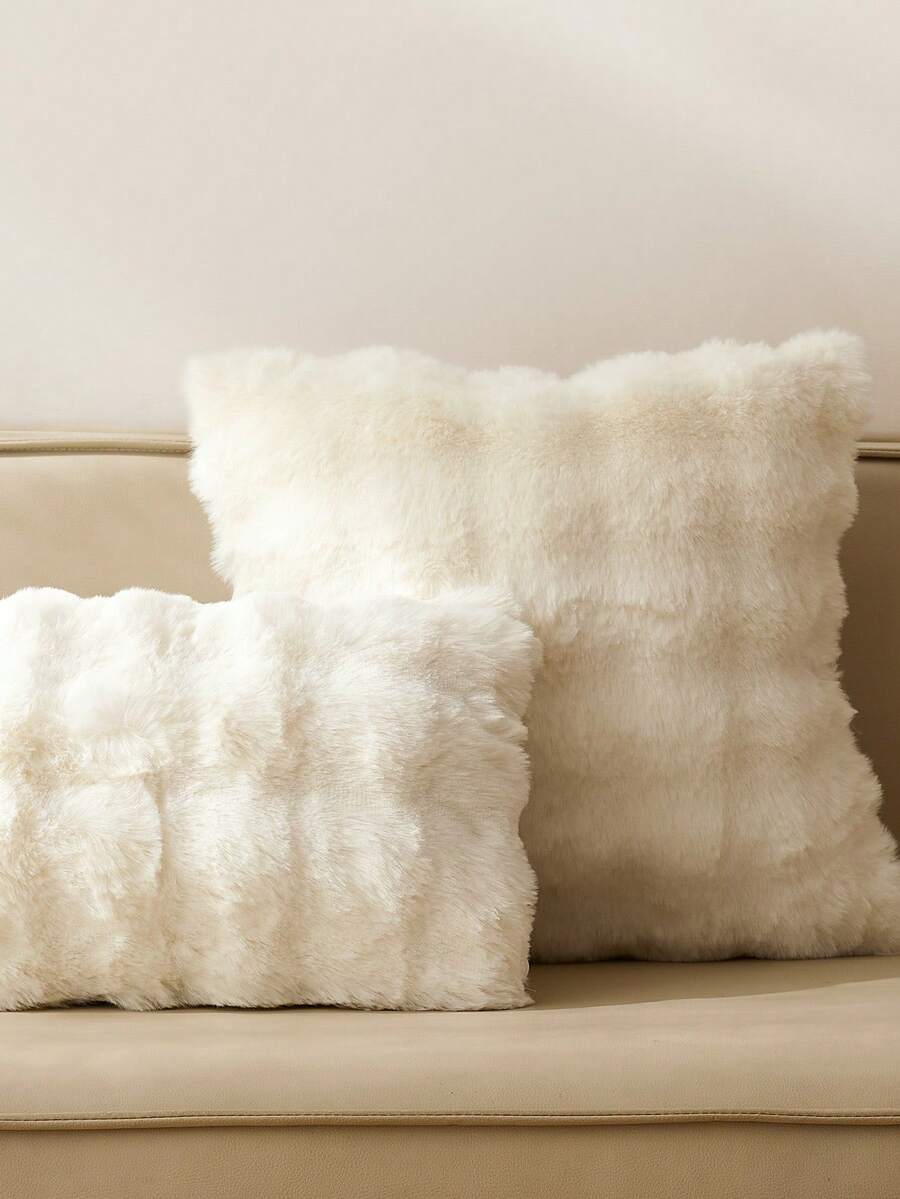 1pc White Decorative Faux Rabbit Fur Cushion Cover Without Filler, Modern Flannelette Fuzzy Plush Throw Pillow Cover Zipper Closure For Home, For Sofa, Living Room - White - View 1
