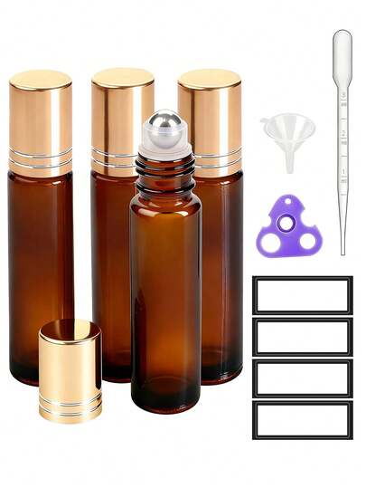 4 pezzi Bottiglie roll-on per oli essenziali da 10ml, in vetro ambrato spesso riutilizzabili e a prova di perdite, con palline in acciaio inossidabile, tappi in metallo, adatte per viaggi, profumi, inclusi attrezzo per rimuovere la pallina, imbuto, contagocce e 4 etichette adesive in bianco