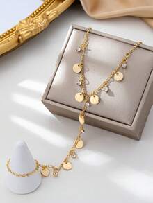 1 Stück modischer minimalistischer Metall-Disc, Strass-Anhänger Fingerring Kette für Frauen, geeignet für den täglichen Gebrauch, Urlaub, Date, Party, Goldfarben Accessoire - Gold - Übersicht 2