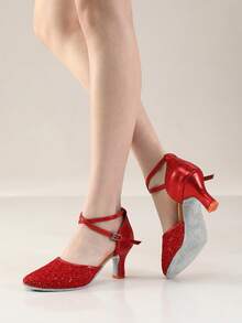 女士拉丁舞鞋亮片包头舞鞋交谊莎莎舞厅练习表演舞鞋婚礼派对高跟红色舞鞋 - 紅色 - 查看 2