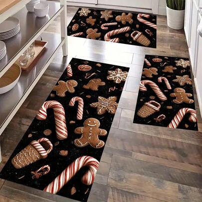 2D Flat, 1/2/3pcs Flannel 2D Printed Gingerbread Man Candy Christmas Mat Set, Non-Slip Kitchen Long Bar Mat For Home Use, Comfortable Standing In Cooking Prep Area, Rugs For Living Room, Kitchen Rugs