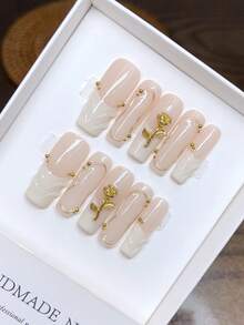 10片纯手工绘制方形美甲贴片，手绘个性化白色法式3D玫瑰美甲贴片，高品质优雅简约设计美甲贴片，按压式美甲贴片，美甲用品 - 彩色 - 查看 4