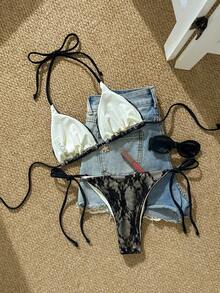 Bộ bikini ren đen gợi cảm, quần bơi buộc dây bên hông, đồ bơi thường ngày thanh lịch, hoàn hảo cho kỳ nghỉ biển, tiệc bể bơi và những chuyến đi chơi mùa hè. - Nhiều màu - Xem 4