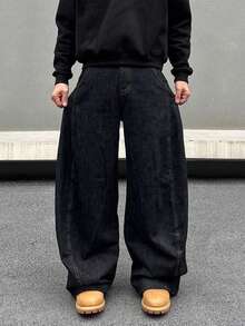 Men's Vintage Loose Wide-Leg Jeans, Pioneering Casual Streetwear - Fashionable Loose-Fit Overall - Black - View 4