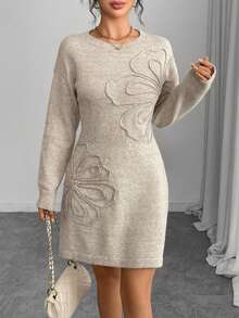 Plus Size Solid Color Casual Knit Sweater Dress - Khaki - View 4