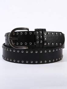 1pc/2pcs Women's Metal Buckle Double Row Rivet Solid Color Punk PU Leather Solid Stud Decor Waist Belt Accessory, Suitable For School, All Seasons, Gift For Women