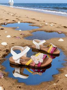 优雅的女童鞋，花童鞋，蝴蝶装饰，儿童平底沙滩凉鞋，彩色条纹，可爱迷人，脚感舒适 - 彩色 - 查看 5