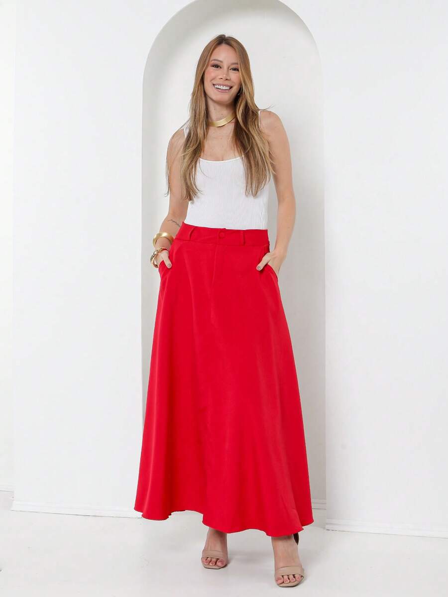 Tailored Skirt With Belt Loops (Without Belt) Code: 3010 - Red - View 1