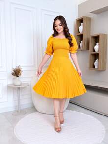Pleated Midi Dress With Elastex Waist - Yellow - View 2