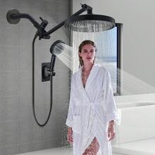 4 模式手持花洒套装，经典美式风格，配备高压方形雨淋花洒头和分水器，抛光 ABS 材质，全身覆盖，无需用电，花洒组合 - 黑色 - 查看 6