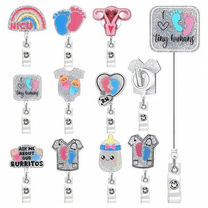 1pc Glitter Rainbow Footprint Retractable Rotating ID Badge Holder For Doctors & Nurses