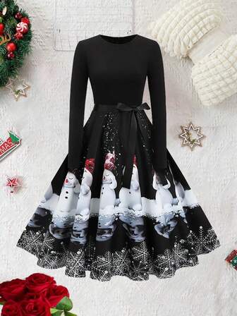 Vestido de línea A de manga larga con cintura alta, estampado de árbol de Navidad vintage, reno y muñeco de nieve, con parches y cinta