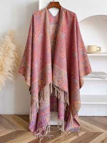 1 pieza Chal multifuncional de poliéster vintage con estampado de cachemira falsa de otoño/invierno, poncho cálido con flecos