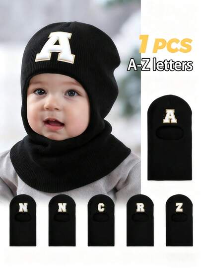1 Baby Alphabet Print Beanie, Balaclava With A - Z Letters, Winter Warm Full Face Coverage, Newborn Hat, Provides Everyday Warmth And Ion For Baby Boys And Girls