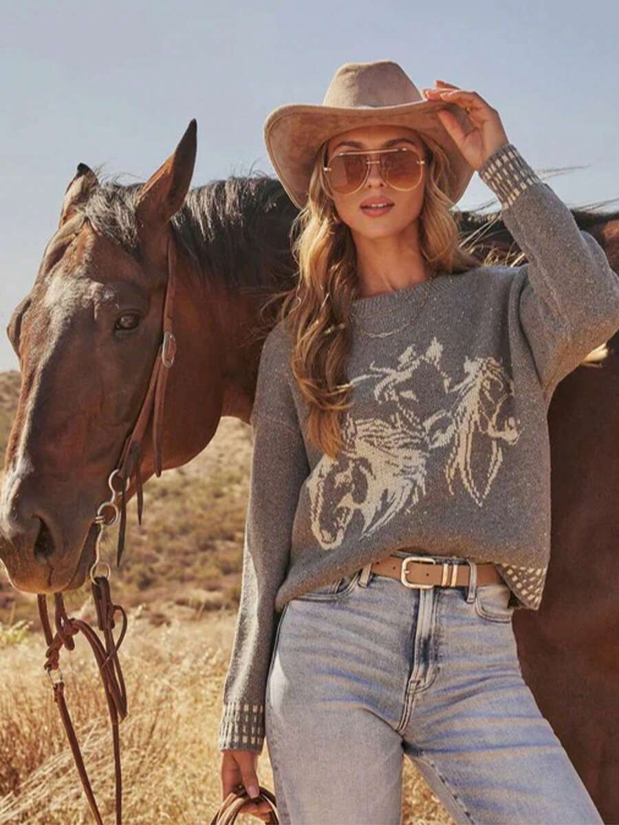 Áo len nữ kiểu miền Tây với họa tiết ngựa. - Xám - Xem 1