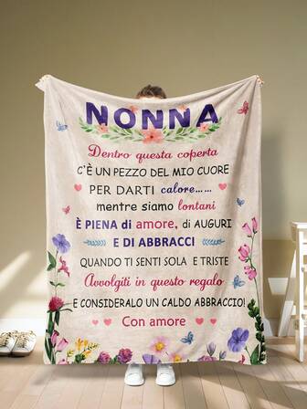 1 件意大利风格“NONNA”心形法兰绒毯子，一份传递温暖和爱的贴心礼物，法兰绒毯子，现代涤纶矩形毯子，适合多种场合