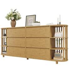 160cm Eiche Sideboard, Roman Design With Bamboo Columns And Shelves, 6 Drawers And Open Shelves, Height Adjustable Legs, H75/W160/D40 - 1 - View 6
