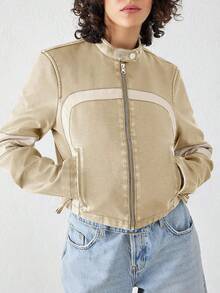 Women's Faux Leather Jackets Zip Up Stand Collar Cropped Viral Must-Have PU Coats Christmas Gift & New Year Gift - Apricot - View 3