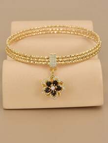 1pc Luxurious Fully Rhinestoned Cubic Zirconia Rotating 5-Petal Stainless Steel Bracelet For Women, Women's Accessory, Gift For Her, Gold Bracelet, For Lover, Party (Bracelet Accessories Detachable And Replaceable) - Yellow Gold - View 2