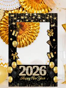 1 قطعة إطار صور ورقي أسود وذهبي لعام 2026 الجديد، ديكورات رأس السنة الجديدة مع البالونات والهدايا والألعاب النارية والنجوم، لوازم احتفالات رأس السنة الجديدة، لوازم ديكور ليلة رأس السنة الجديدة، أكسسوارات صور حفلة العطلات