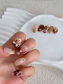 10片装 Y2K 潮流美甲，杏仁形短款立体雕刻棕色印花美甲，金色法式美甲，手工制作，裸色底胶，适合女生日常佩戴，按压式美甲，假指甲，美甲用品，手工按压式美甲 - 棕色 - 查看 2