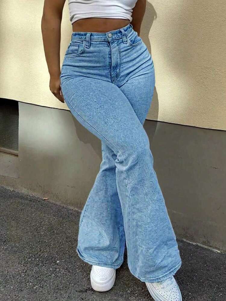 Plus Size Flare Jeans, Elegant, Fashionable, Formal, Outgoing , Women's Autumn , Plus Size Jeans, Women's Plus Size Jeans, Curvy Jeans, Women's Jeans, Black Jeans, Loose Jeans, Pants, Cargo Pants, Plus Size Denim Pants, Suitable For Halloween, New Year, Country, Christmas - Baby Blue - View 7